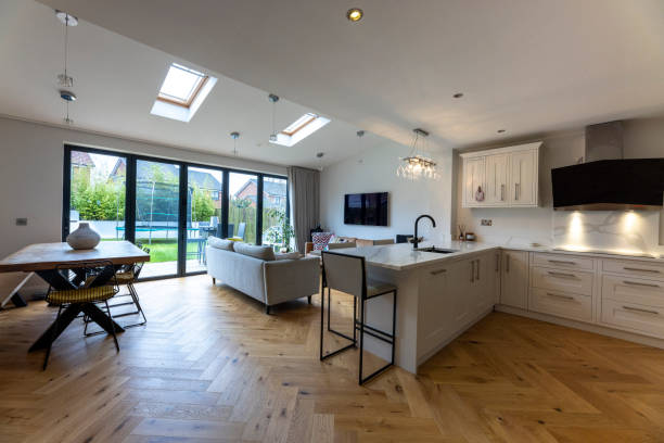 Open plan kitchen, living room and dining area of pitched roof rear extension.